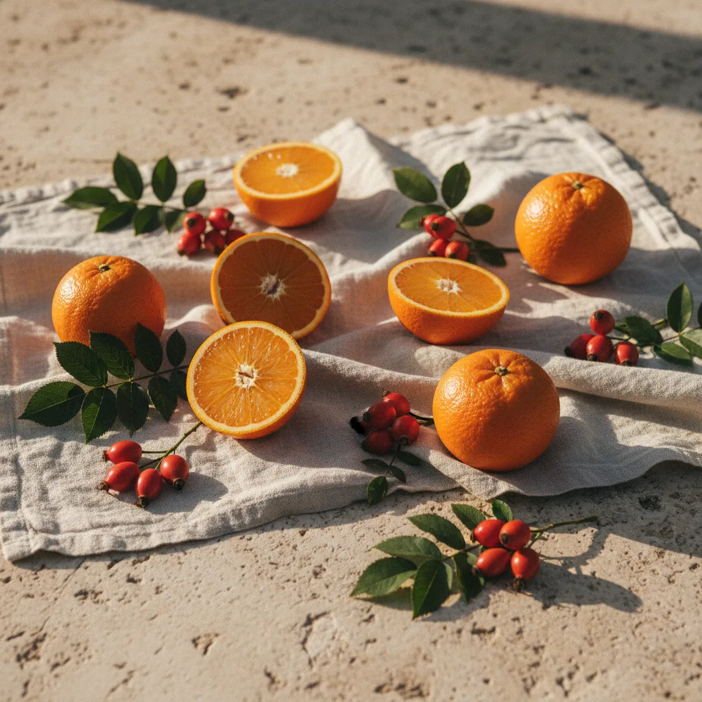 Fresh oranges, rosehip berries and green leaves arranged on a light stone surface