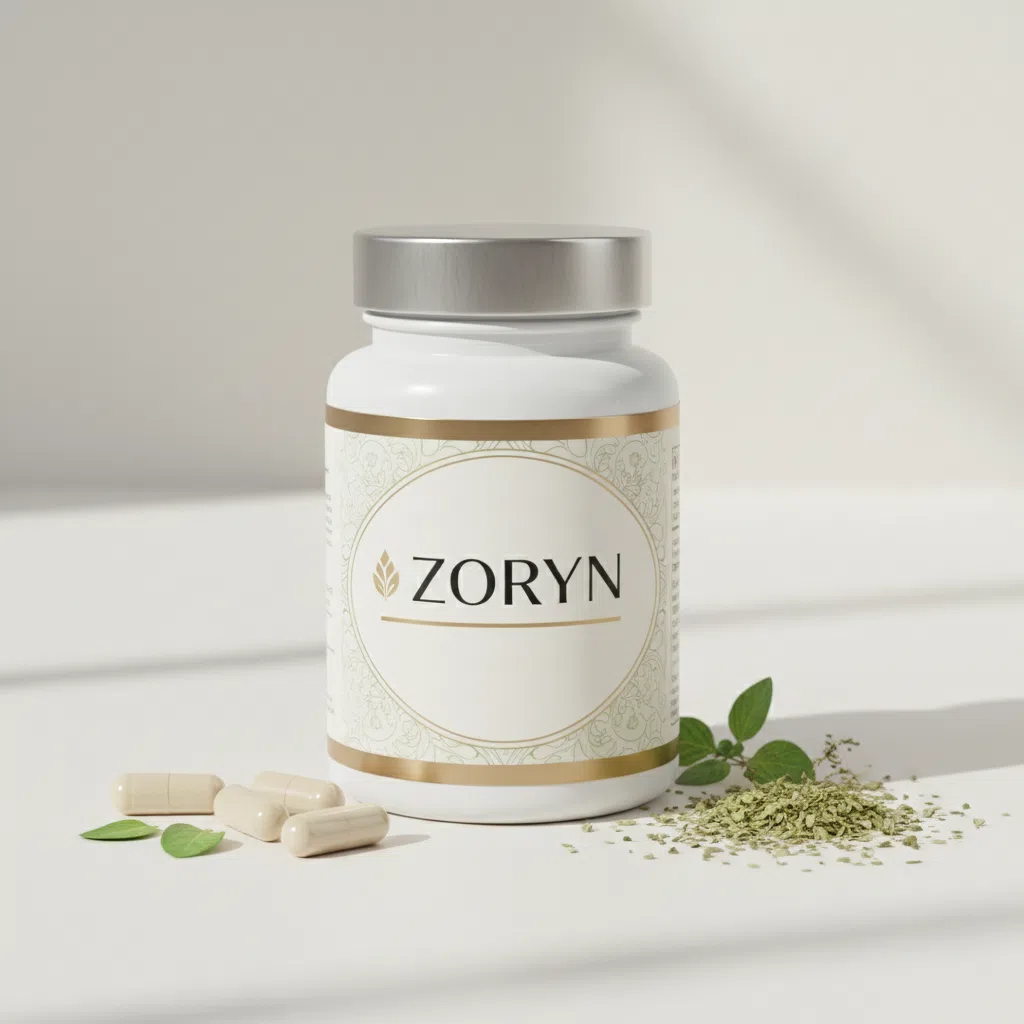Zoryn supplement jar with a wooden lid, amber glass, Zoryn label on the front
